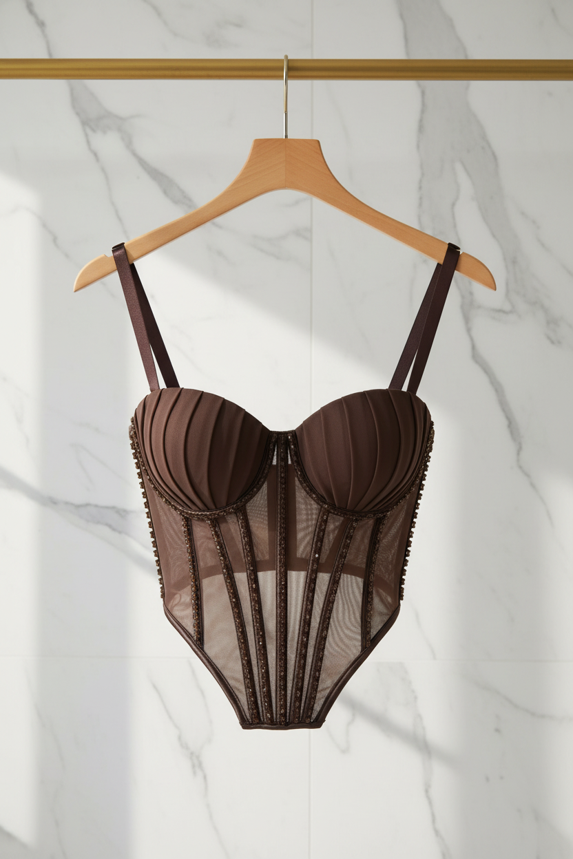 Brown corset bustier on hanger marble background