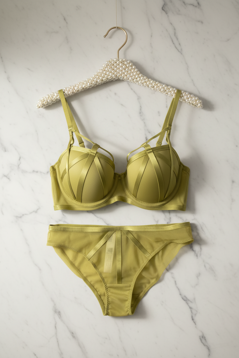 Chartreuse lingerie set op hanger met marmeren achtergrond