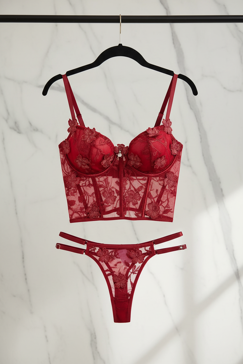 Rode lingerie set op hanger met marmer achtergrond