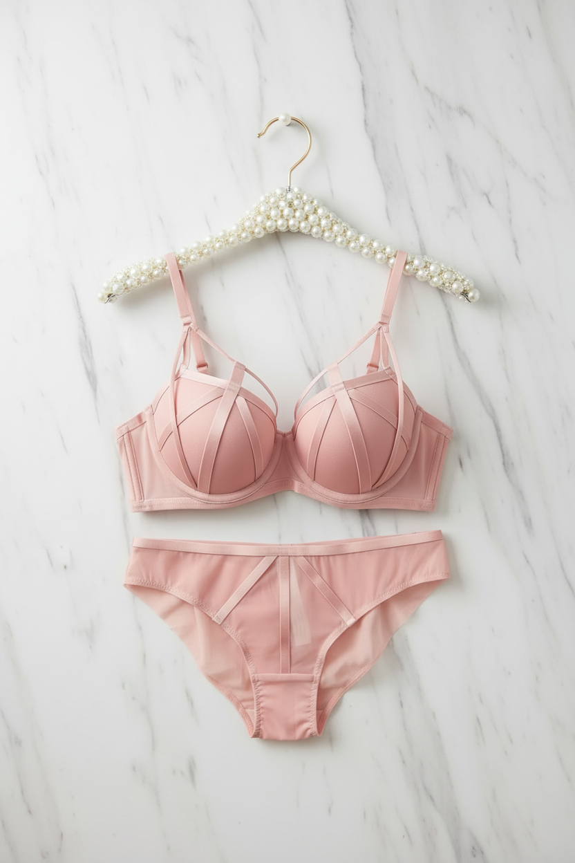 Roze lingerie set hangend op marmeren achtergrond