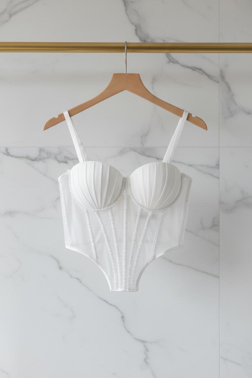 White corset bustier on hanger marble background