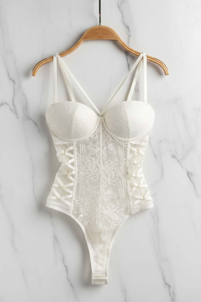 Witte kanten corset bodysuit op hanger met marmeren achtergrond