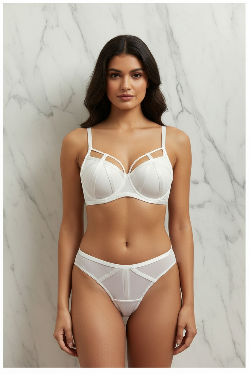 Witte lingerie set op model met marmeren achtergrond