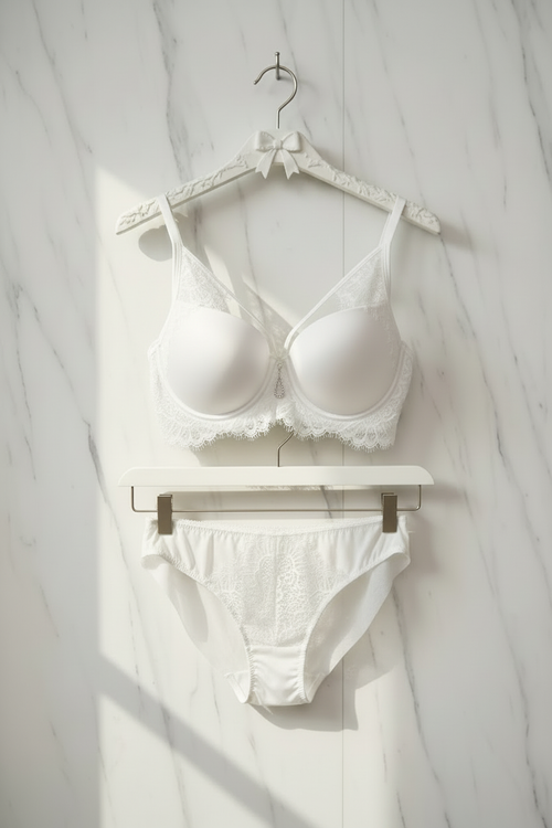 Witte lingerie set op witte houten hanger met strik