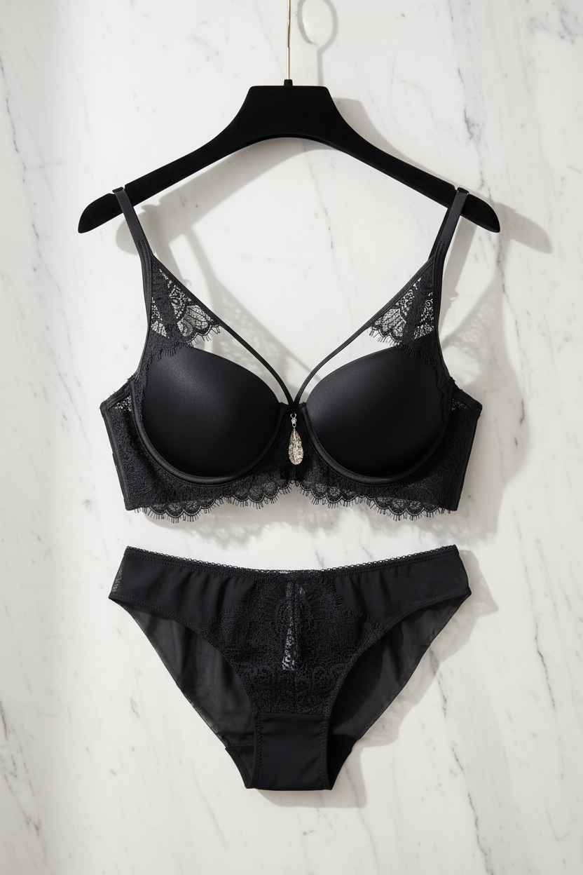 Zwart kanten lingerie set op hanger met marmer achtergrond